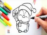 آموزشی نقاشی به کودکان ؛ نقاشی پنگوئن بامزه برای کریسمس