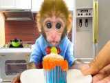 بچه میمون Bon Bon مینی کیک می خورد و سبزی می چیند