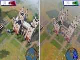 مقایسه بین تنظیمات پایین گرافیکی بازی Age of Empires 4 و تنظیمات بالای آن 