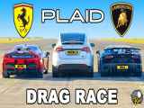 مسابقه درگ Tesla Model X Plaid و Ferrari SF90 و Lamborghini SVJ