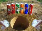 Experiment : Giant Coca Cola   Fanta   Sprite  vs Balloon Mentos Underground !!