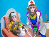 Monkey Baby Bon Bon harvests bananas in the farm and swims with rainbow balloo
