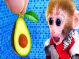 Adorable Monkey Baby Bi Bon makes watermelon smoothie and takes care brother