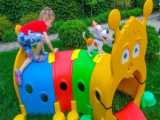 Funny Stacy plays with Giant Toys on the Home playground