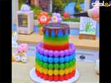 آشپزی کمینیاتوری | مینی کیک دو طبقه رنگین کمانی | کیک رنگی کوچک | آشپزخانه مینیاتوری