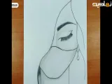 طراحی نیم رخ دختر خیلی ساده و قشنگ با مداد سیاه